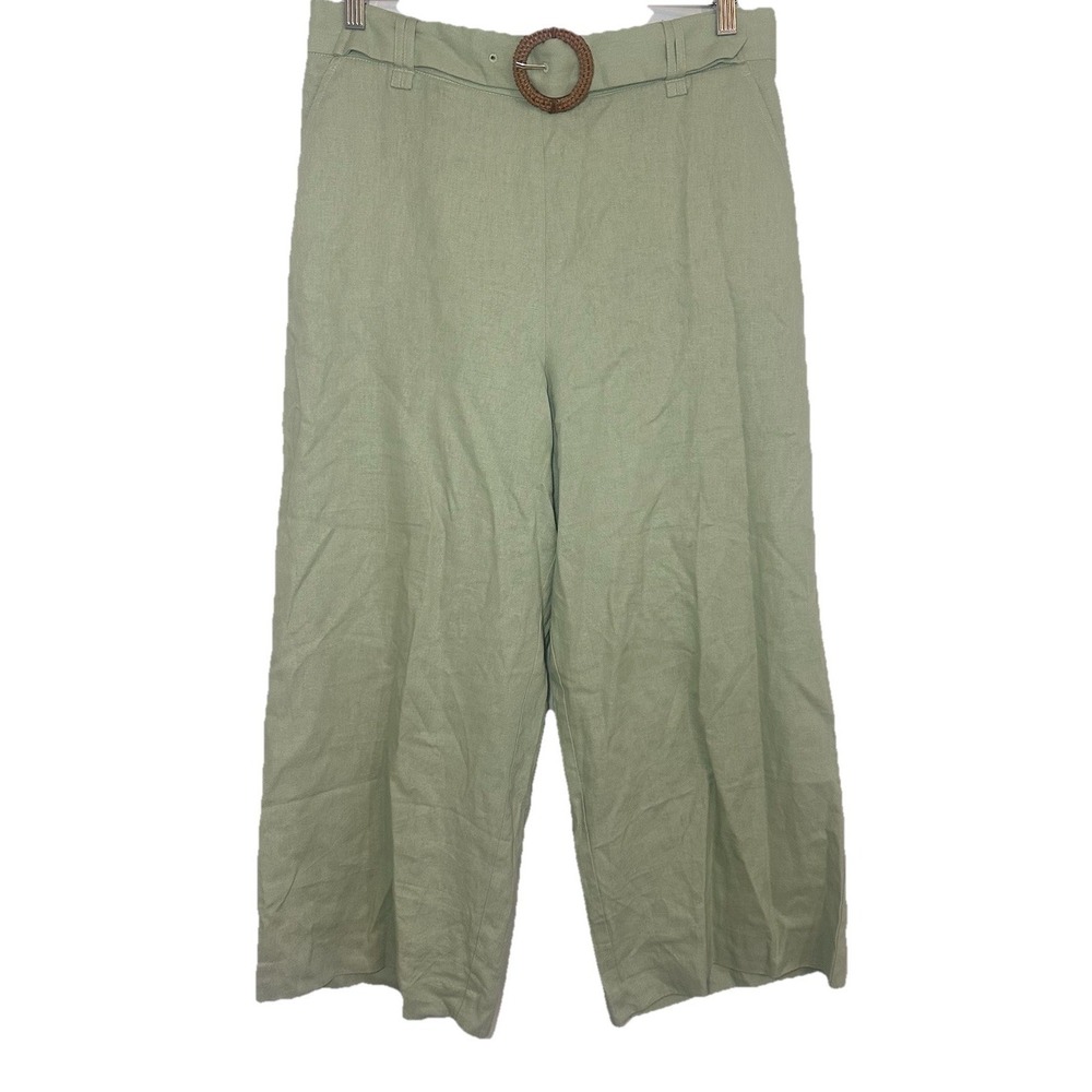 Sigrid Olsen Women's 12 Pastel Green Linen Blend Pull On Belted Wide Leg Pants
